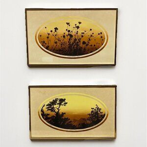Vintage MCM Signed Sunset Silhouette Landscape Lithographs Framed Set of 2